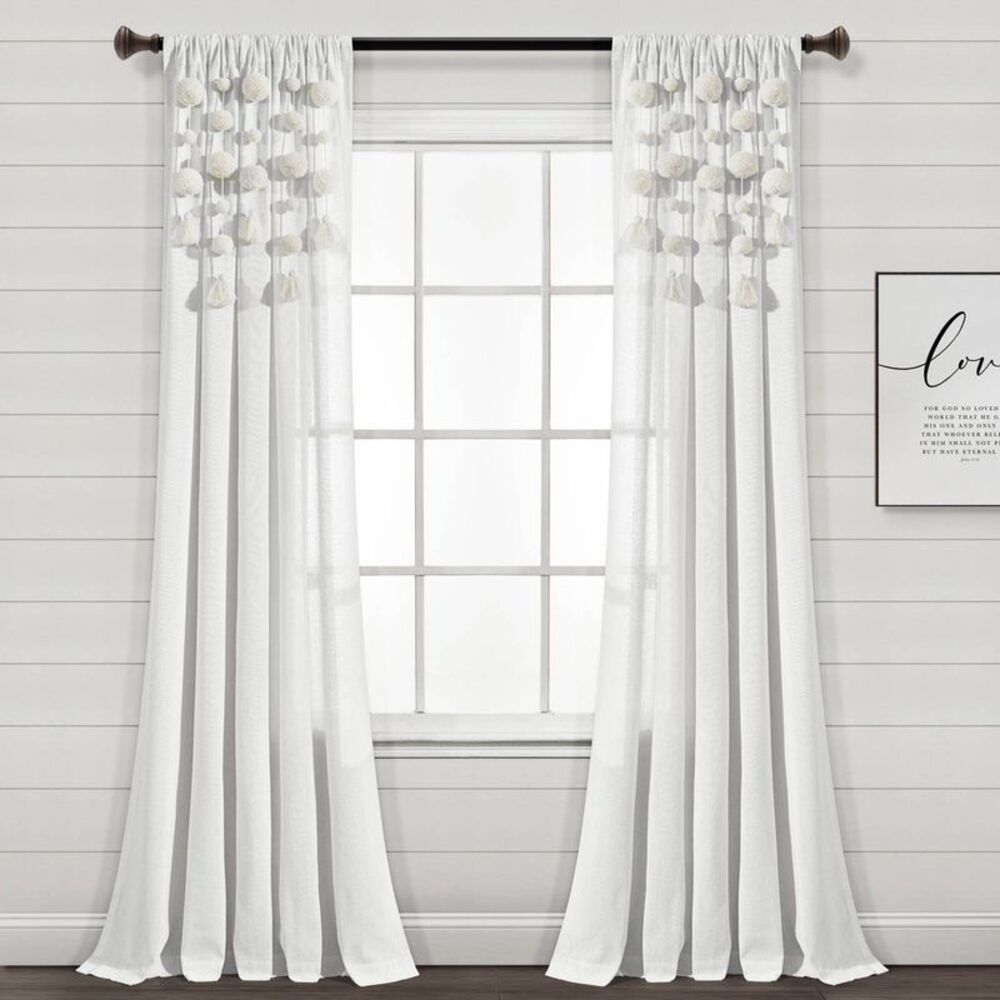 Lush Decor - 84"x52" Pom-Pom Tassel Linen Light Filtering Windo Off-White